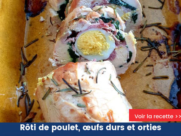 Rôti de poulet, œufs durs et orties